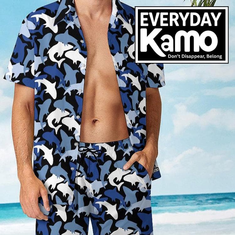 Everyday Kamo Men's Blue Ocean Camo Shirt & Shorts Set | Dolphin Shark Beach Outfit | Summer Vacation Hawaiian Two-Piece