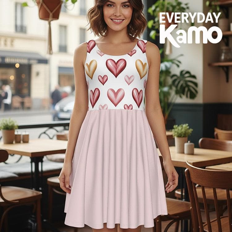 Sweetheart Skater Dress - Cute Heart Print Sleeveless Dress for Women