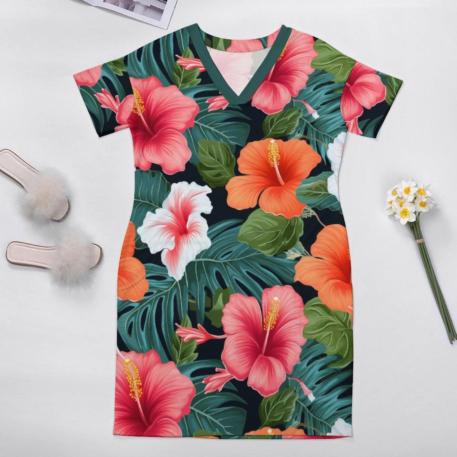 Vibrant Tropical Hibiscus Pocket Dress | Women's Floral Print V-Neck Summer Shift Mini