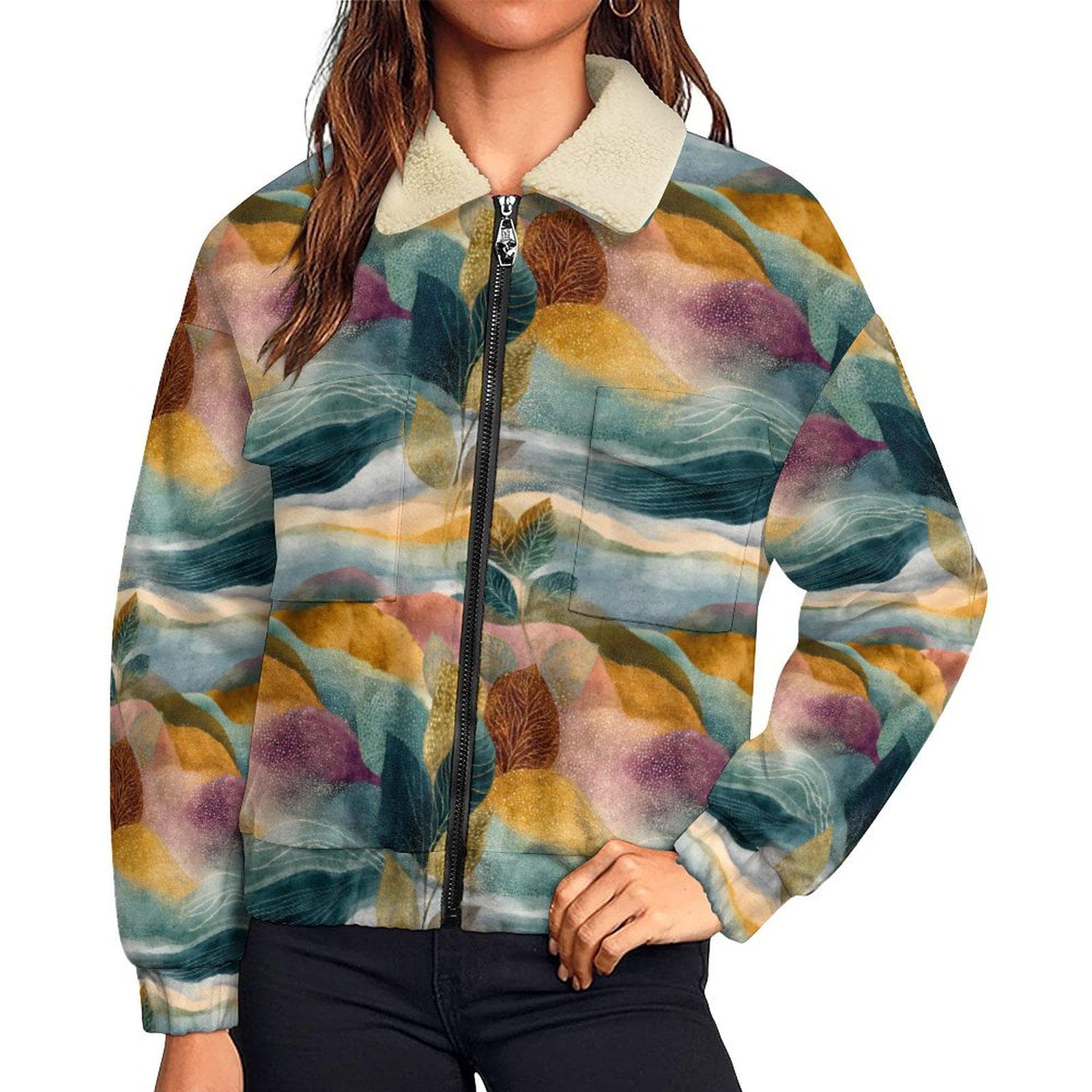 Artistic Abstract Fleece Jacket | Colorful Sherpa Collar Bomber | Unique Botanical Print Women's Coat