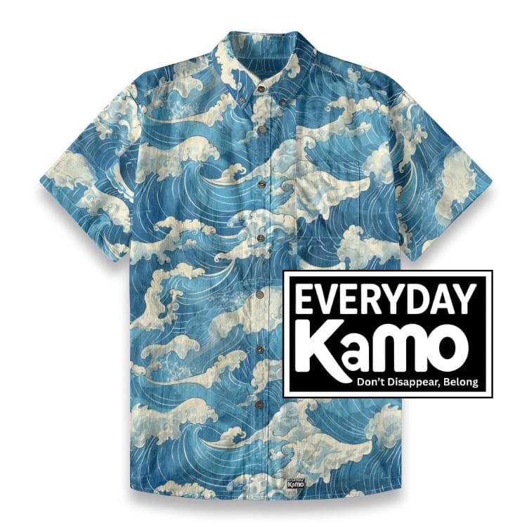 Men's Japanese Wave Print Shirt | Slub Cotton Button-Down