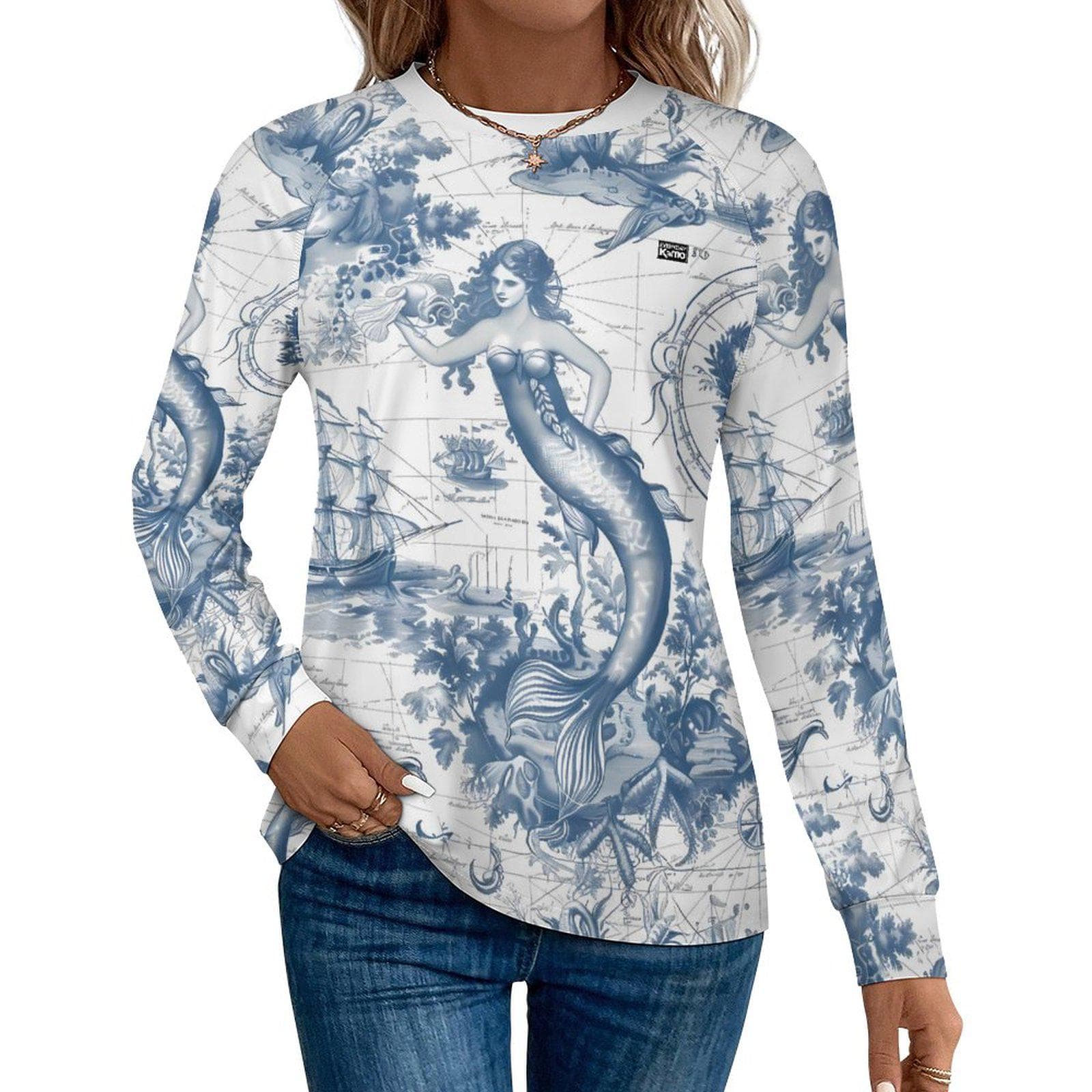 Women's Mermaid Map Long Sleeve Quick Dry Tee | UPF 50+ Sun Shirt | Nautical Toile Ocean Aesthetic