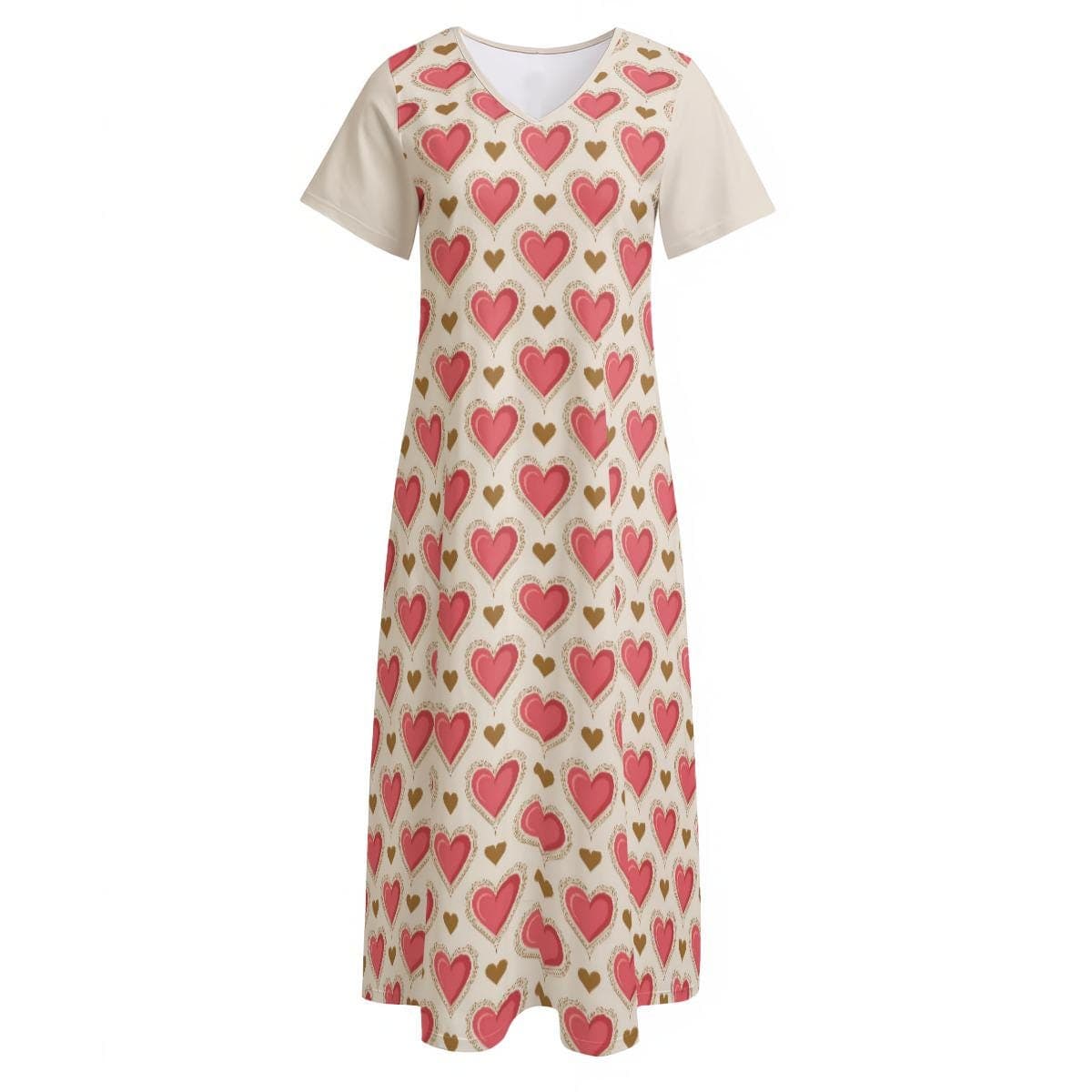 Heart Print Maxi Dress - Pink Gold Hearts V-Neck Jersey Beach Dress