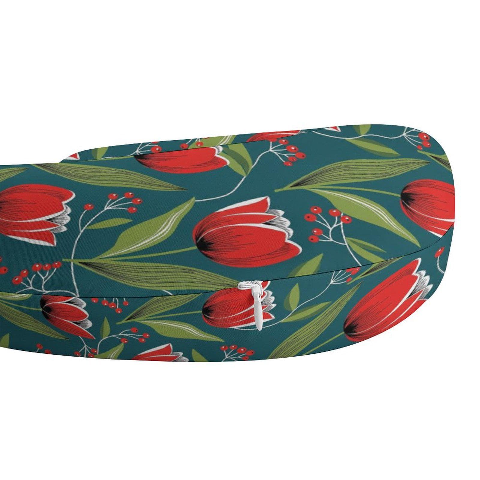 Teal Red Tulip Memory Foam Neck Pillow | Floral Travel Comfort, Home Relaxation | Detachable Cover for Neck Pain Relief
