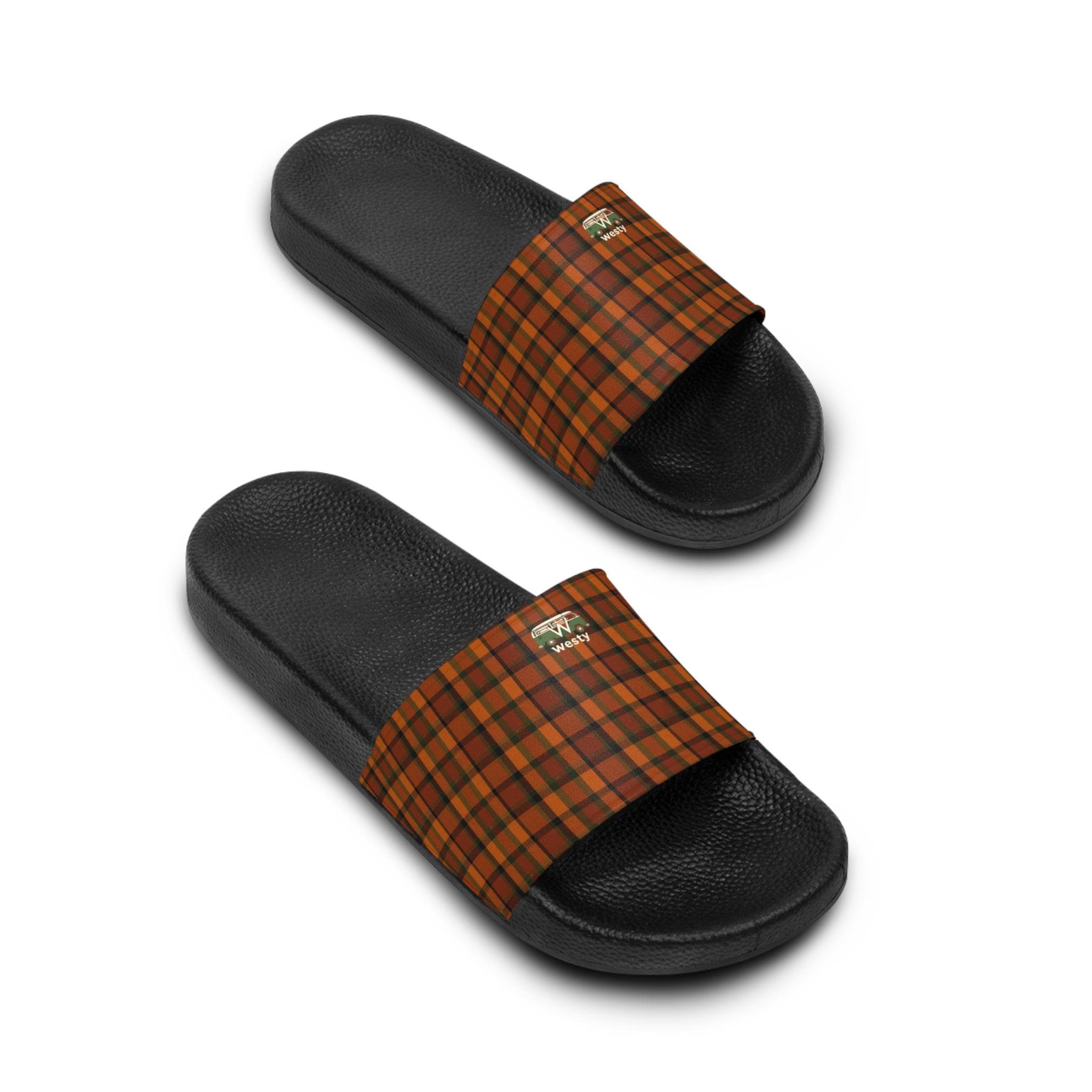 VW Microbus Slide Sandals, Retro Orange Plaid, 70s Hippie Style