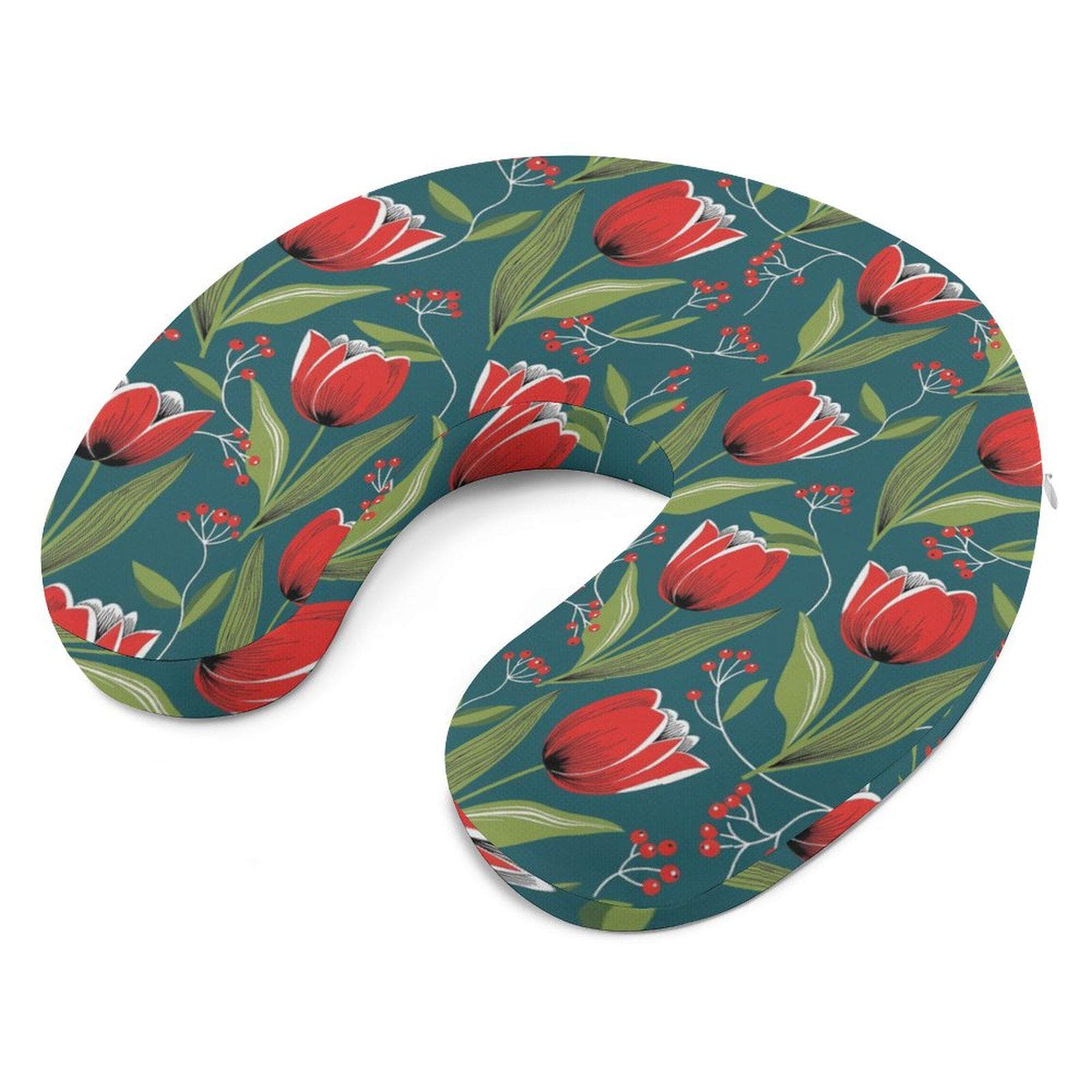 Teal Red Tulip Memory Foam Neck Pillow | Floral Travel Comfort, Home Relaxation | Detachable Cover for Neck Pain Relief