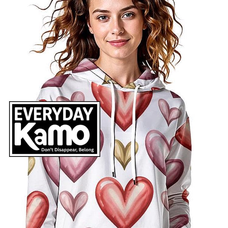 Cozy Heart Pattern Hoodie Dress | Fur-Lined Pullover with Kangaroo Pocket