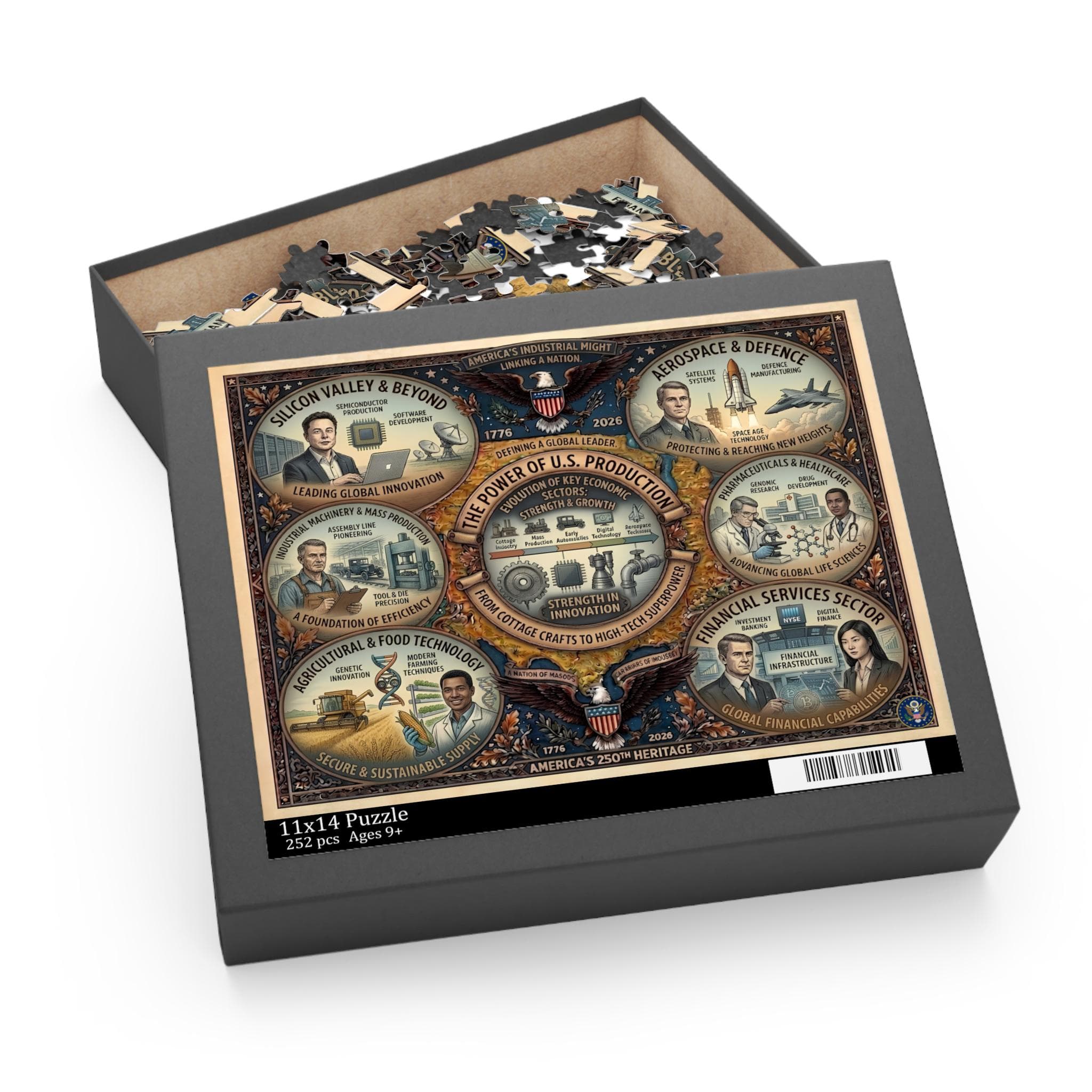 USA 250th Anniversary Illustrated Puzzle | 252/500 Piece Chipboard | Handcrafted