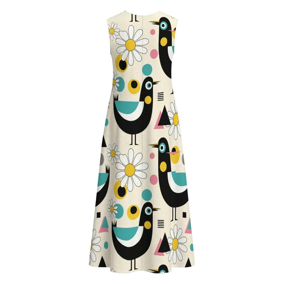 Cotton Slub Bird Daisy Print A-Line Midi Dress | Sleeveless Summer Beach Dress