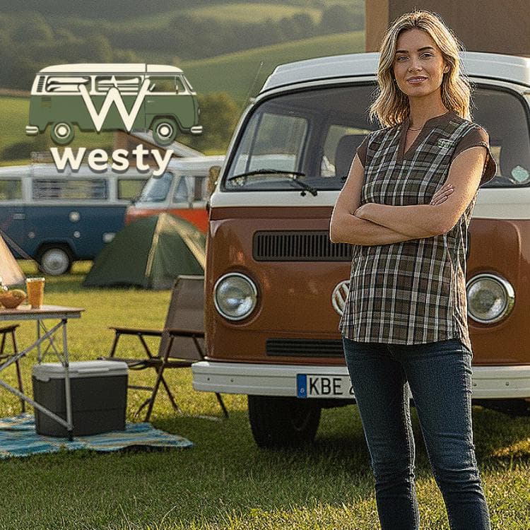 Westfalia Camper Plaid V-Neck Top, Adventure Van Life Shirt