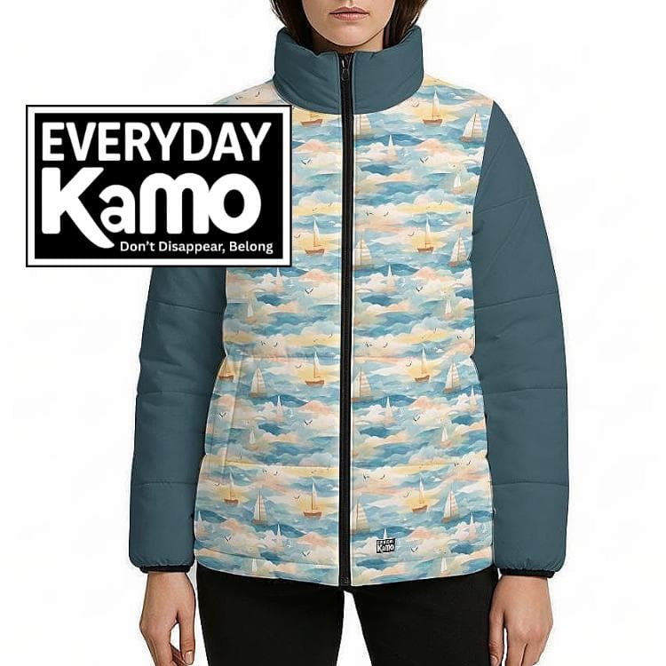 Unisex Sailboat Padded Jacket | Nautical Lightweight Puffer Coat | Coastal Teal Blue Outerwear