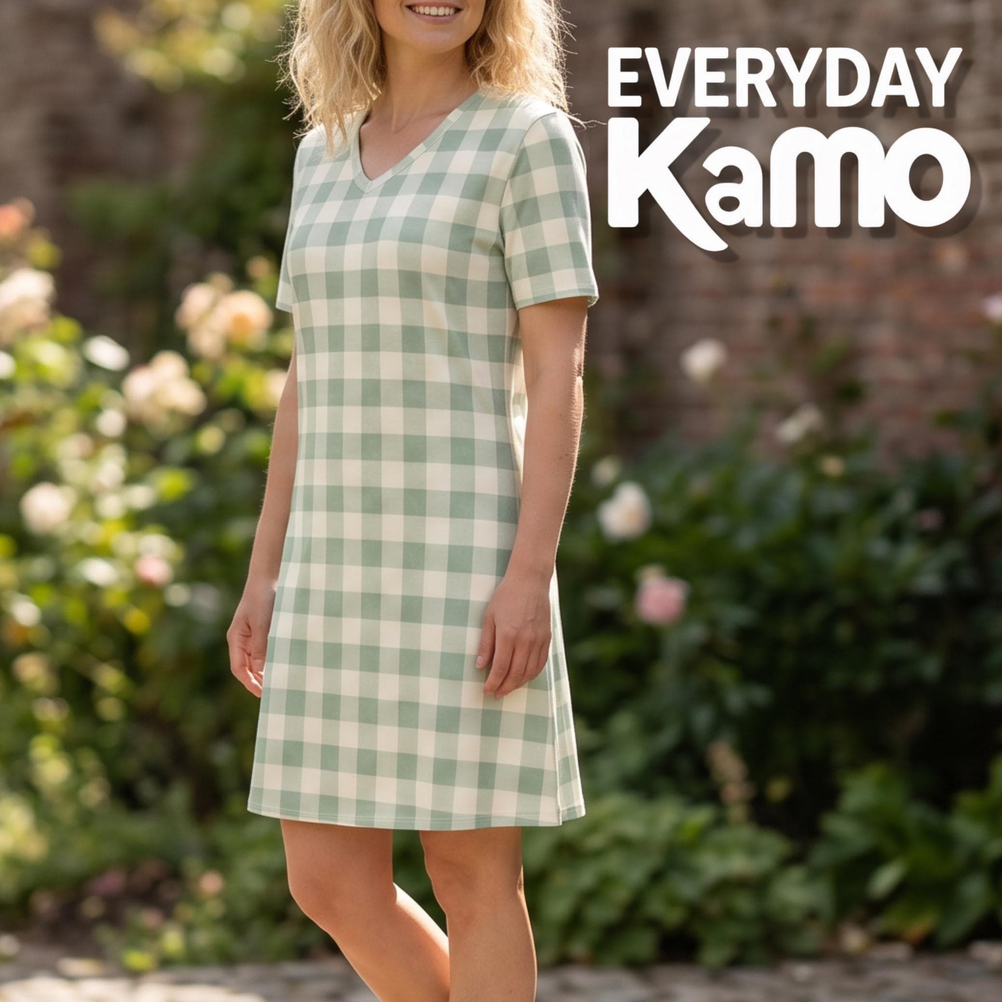 Green Gingham V-Neck Cotton Dress | Handmade Summer Mini | Breathable Eco-Friendly