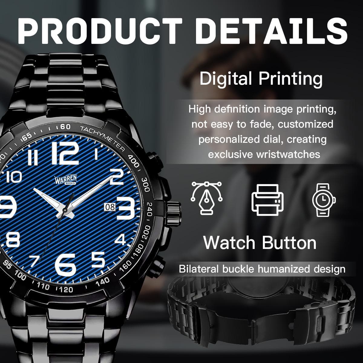 Warren Watch Co. Nautical Precision Metal Chronograph Watch - Men's Blue Dial, Stainless Steel Band
