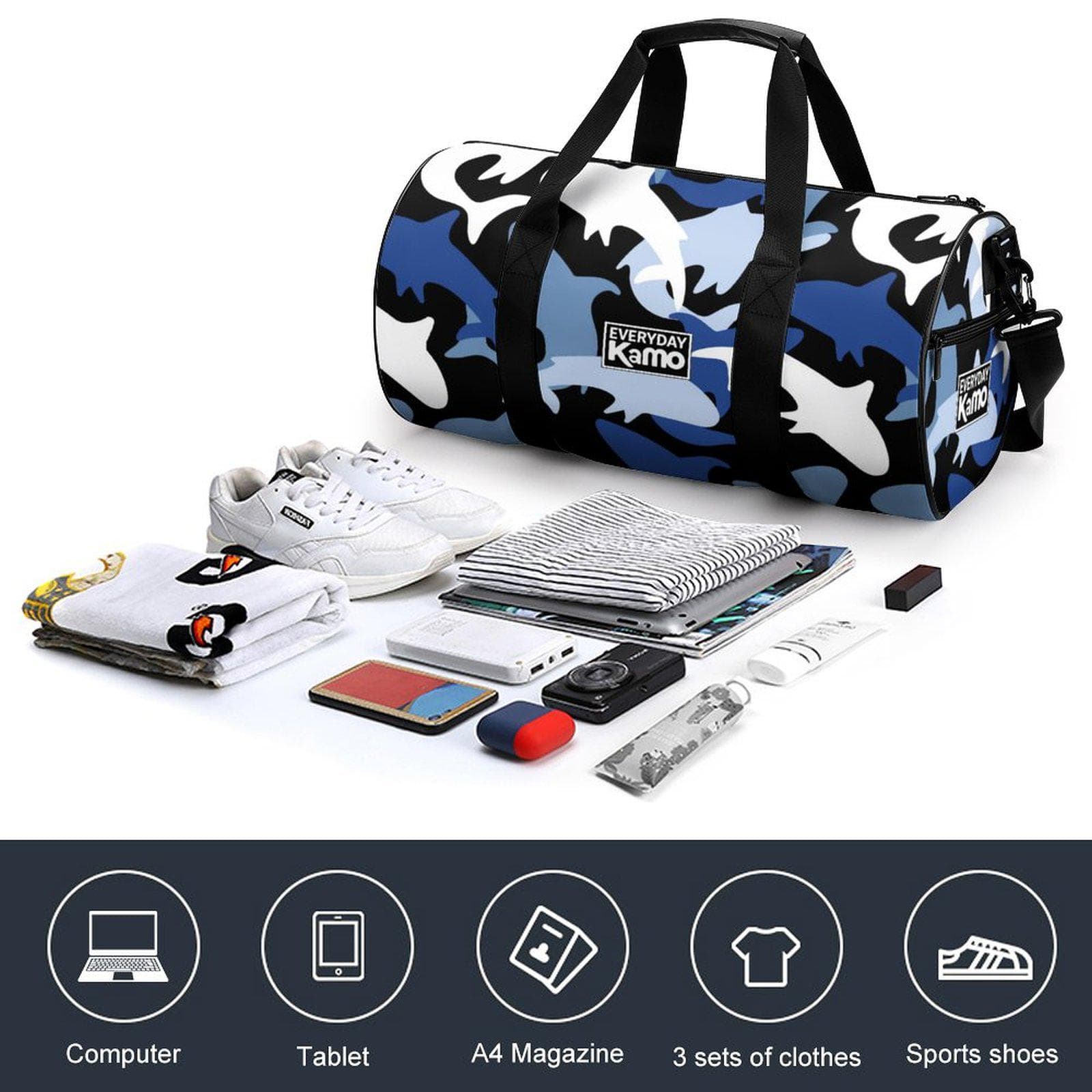Everyday Kamo Blue Shark Camo Waterproof Duffel Bag | Gym & Travel Essential
