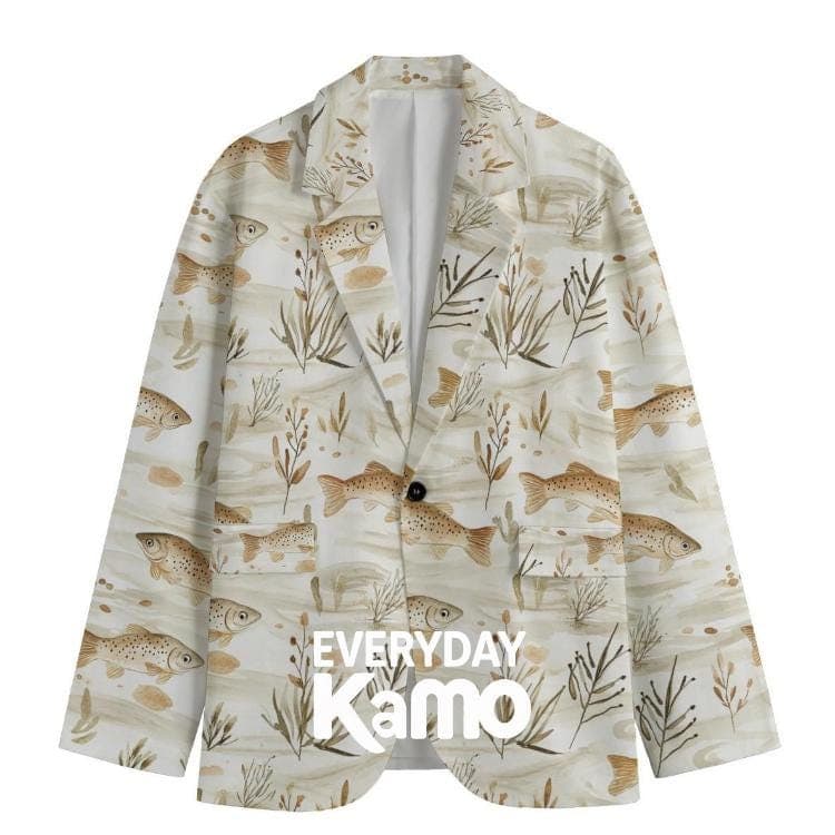 Fishing Print Blazer | Unique Cotton Fish & Aquatic Plant Jacket | Nature Inspired Casual Suit Top