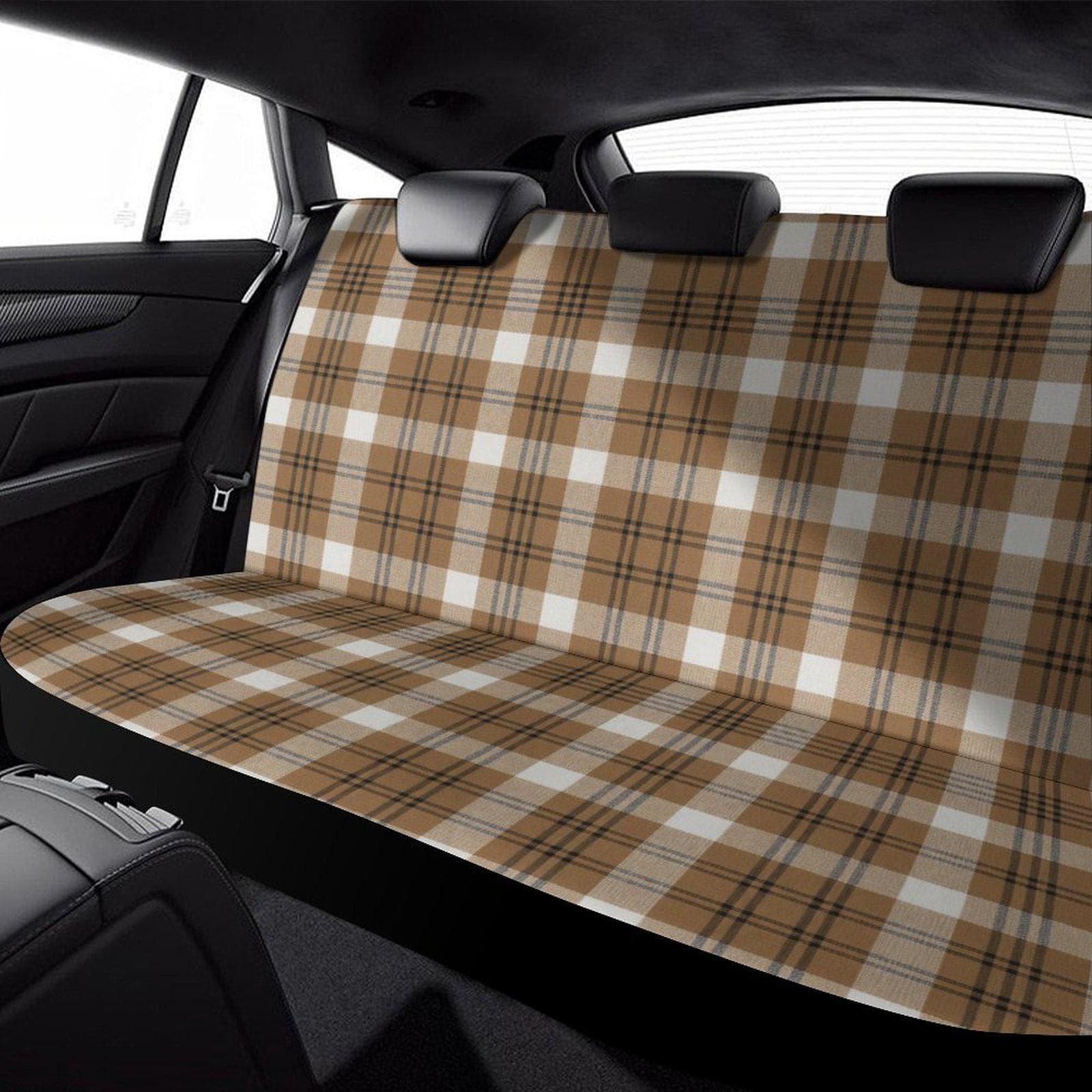 Brown Plaid Car Rear Seat Cover - Custom Fit, Elastic Edges