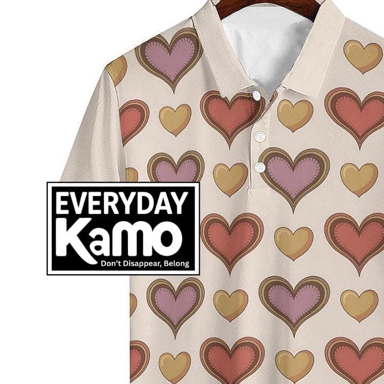 Retro Heart Pattern Polo Shirt | Breathable Polyester Tee