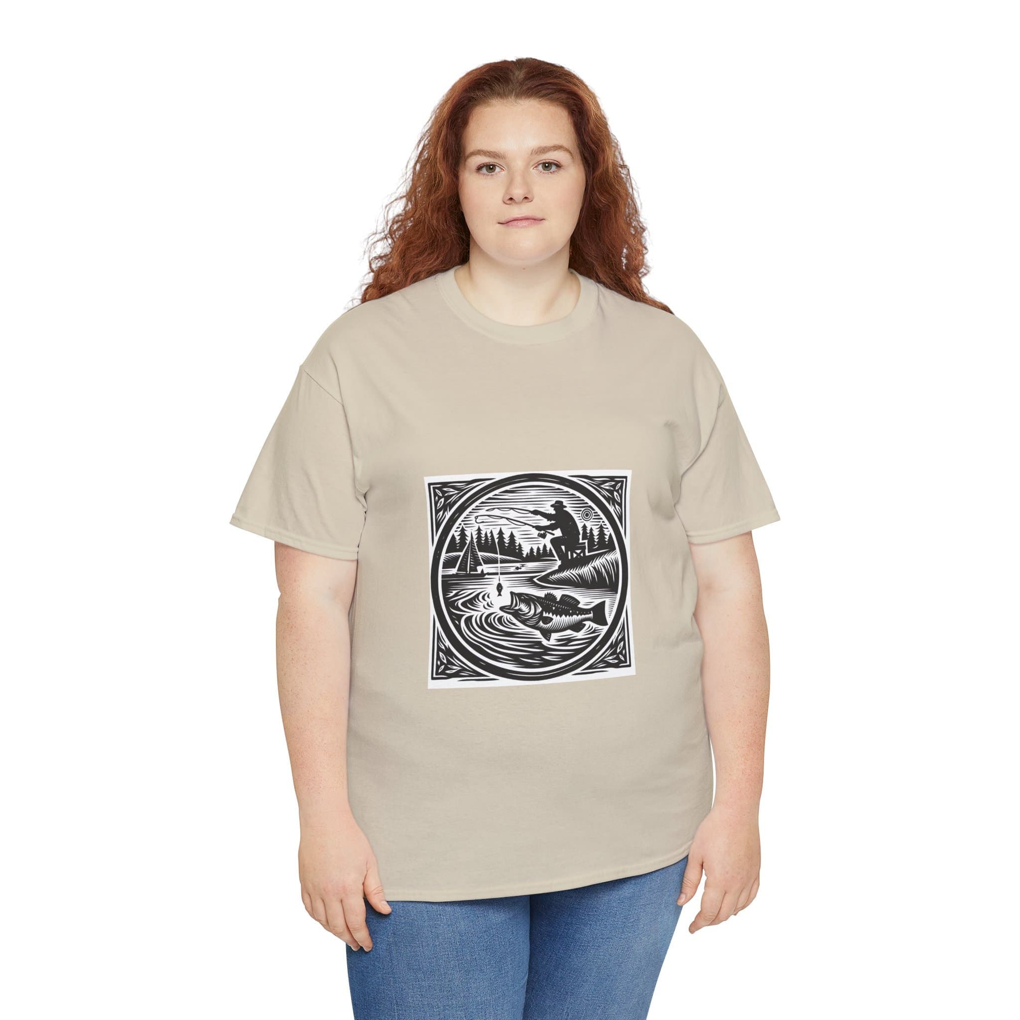 Fishing Woodcut Print T-Shirt | Bass Angler Tee | Vintage Black & White