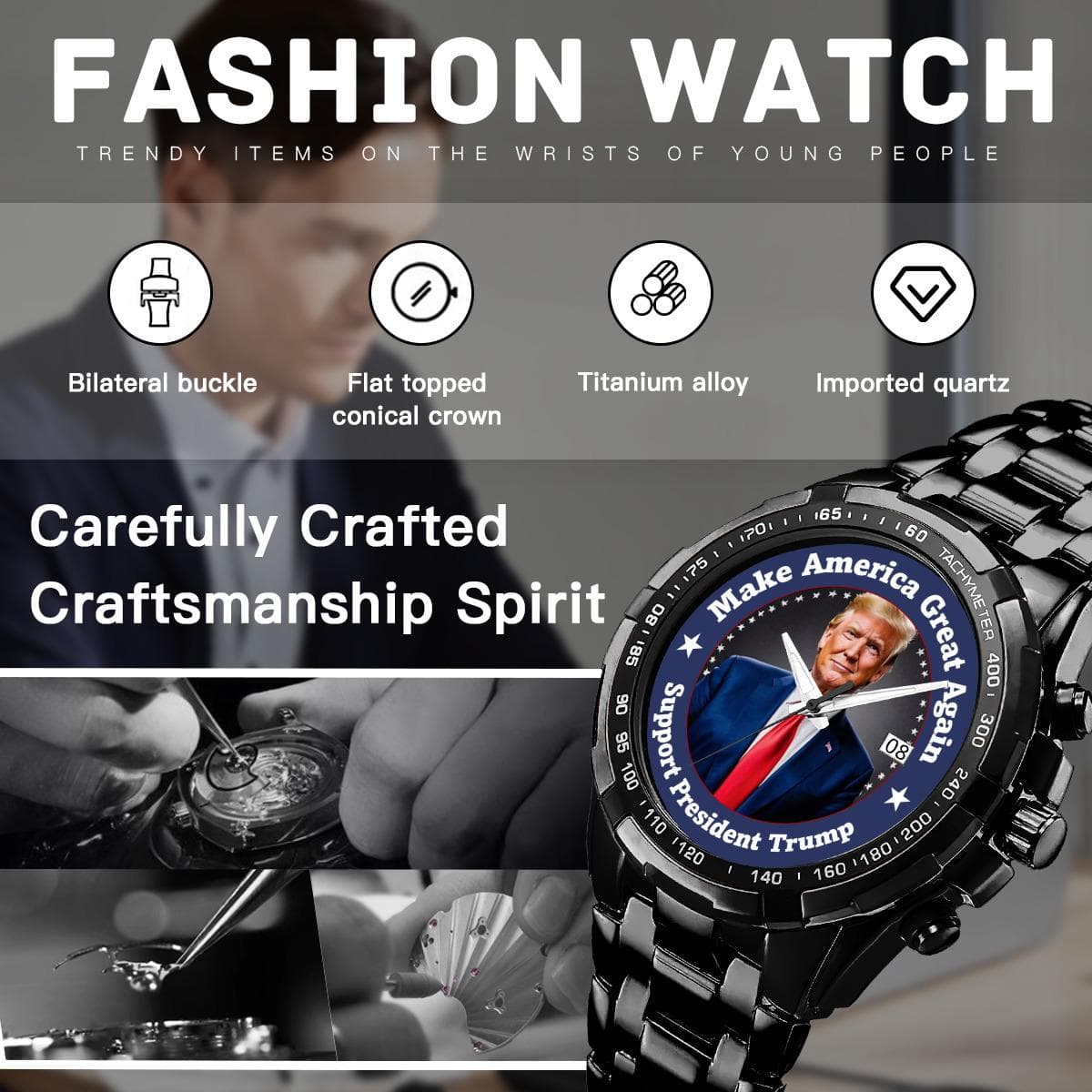 Make America Great Again Donald Trump "Support President Trump" Men's Metal Watch - Perfect Everyday Wear