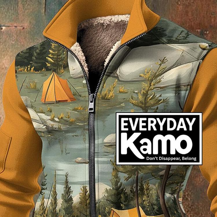 Men's Camping Scene Fleece Zip-Up Jacket - Cozy Outdoor Adventure Graphic Hoodie