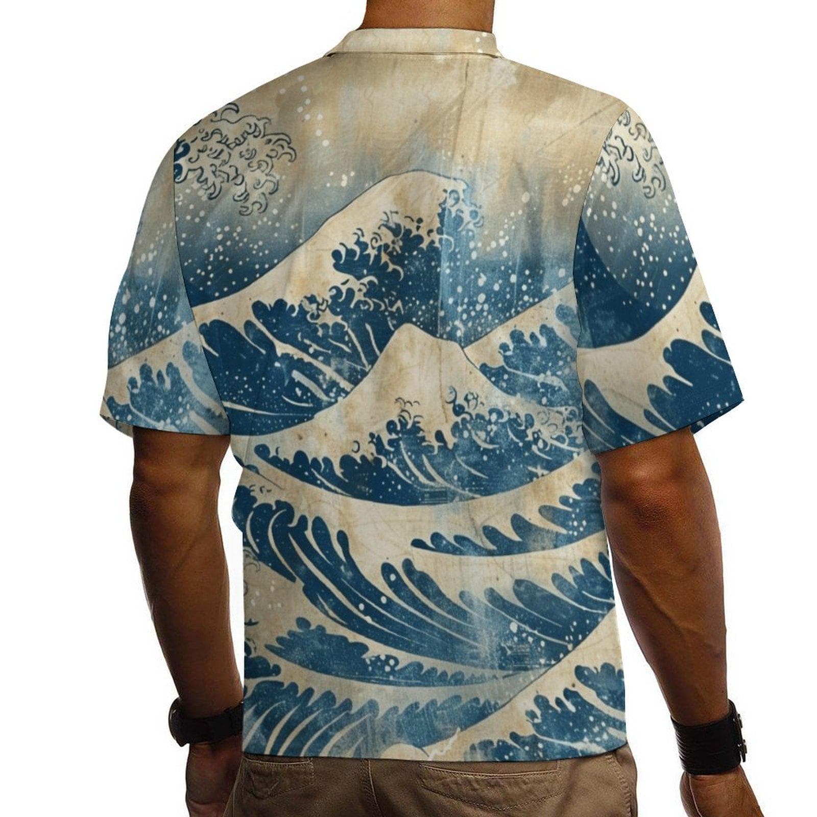 Japanese Great Wave Cuban Collar Shirt - Men's Cotton Short Sleeve Hokusai Art Print Button Up - Hawaiian Style Summer Beach Top
