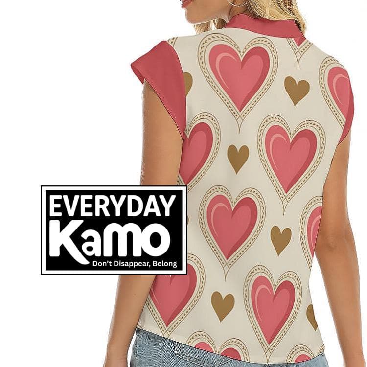 Charming Heart Print V-Neck Top | Women's Short Sleeve Love Blouse | Everyday Romantic Tee
