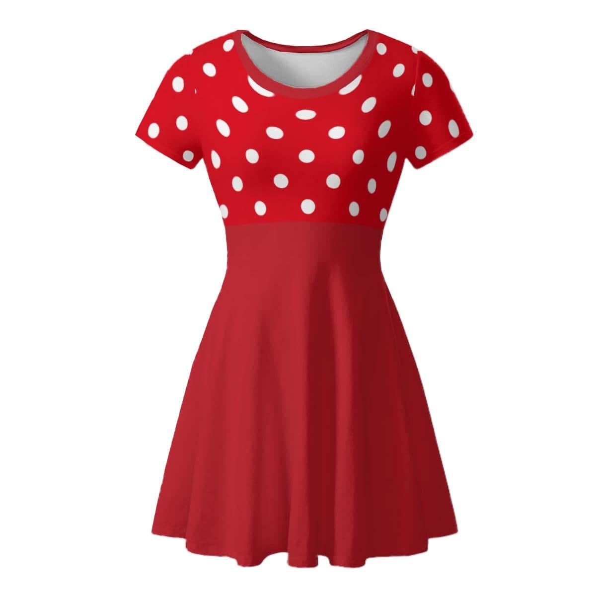Vibrant Red Polka Dot Skater Dress | Women's Short Sleeve Milk Silk Summer Flowy Mini Dress | Casual & Chic