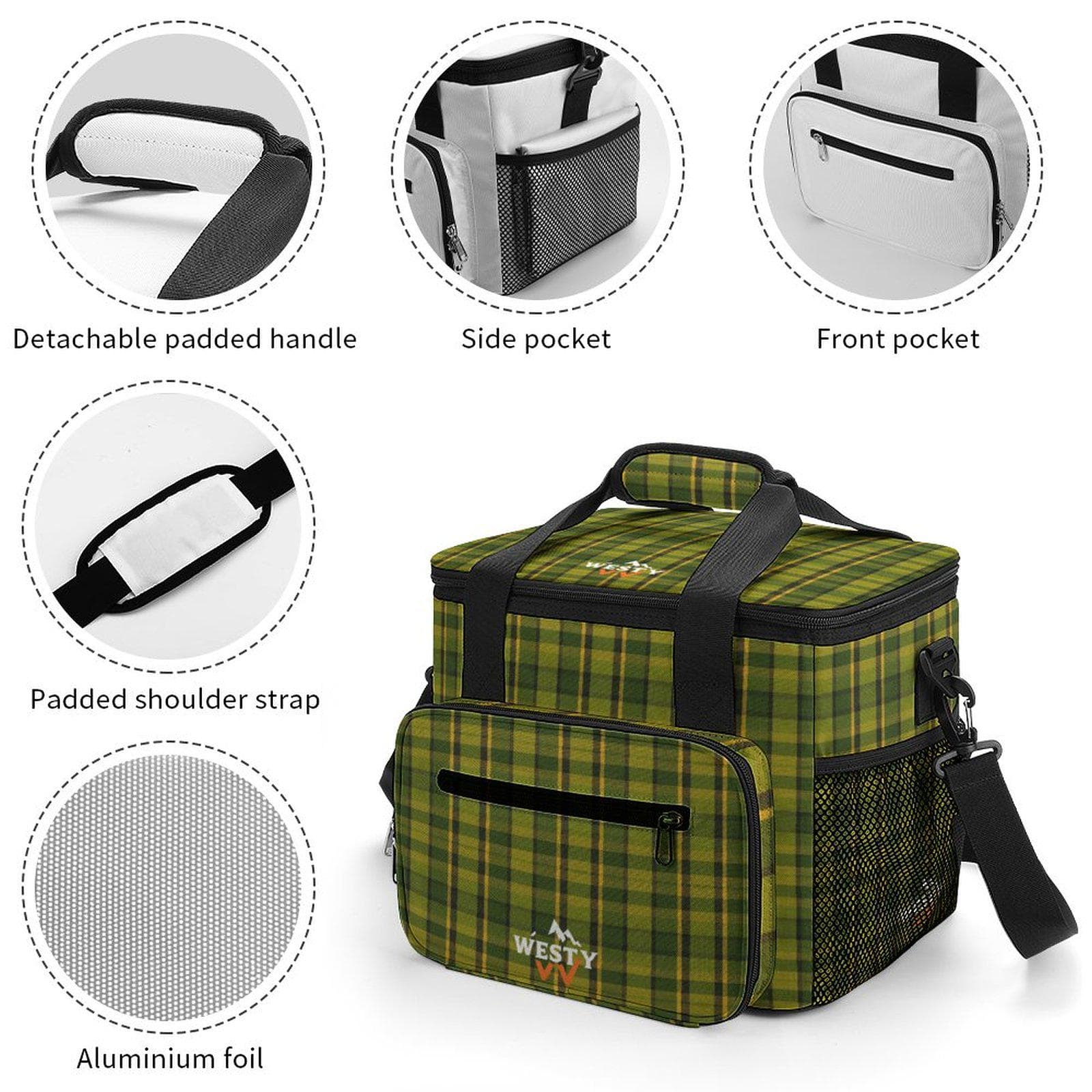 Green Plaid 30-Can Insulated Cooler Bag with Strap