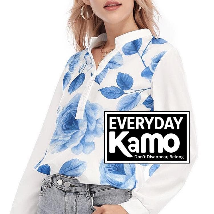 Blue Rose Floral Henley Blouse | Women's Long Sleeve Top