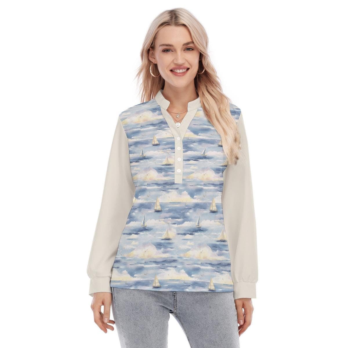 Sailboat Print Henley Top | Nautical Long Sleeve Blouse