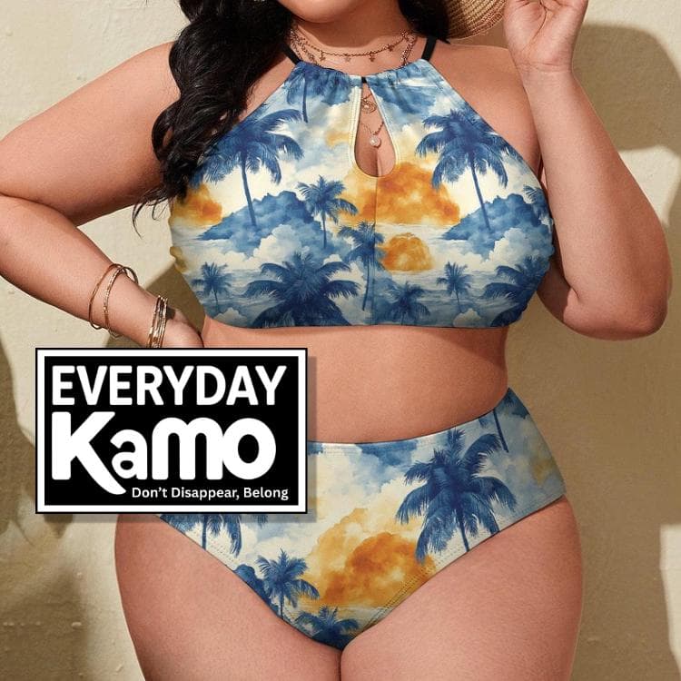 Sunset Paradise Plus Size Halter Bikini Set - Tropical Palm Print Swimwear
