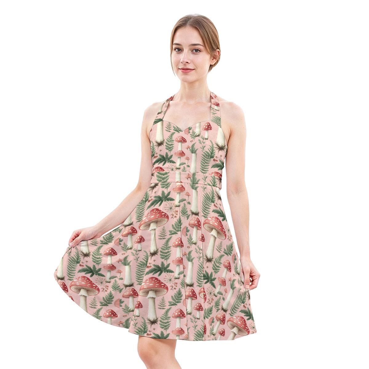 Mushroom & Fern Halter Skater Dress, Cottagecore Aesthetic A-Line Flare, Cute Botanical Milk Silk, Unique Women's Summer Style