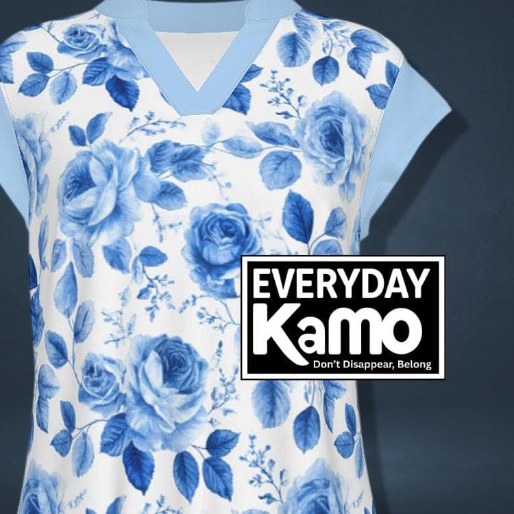Elegant Blue Rose Floral V-Neck Top | Chic Summer Blouse | Women's Short Sleeve Tee
