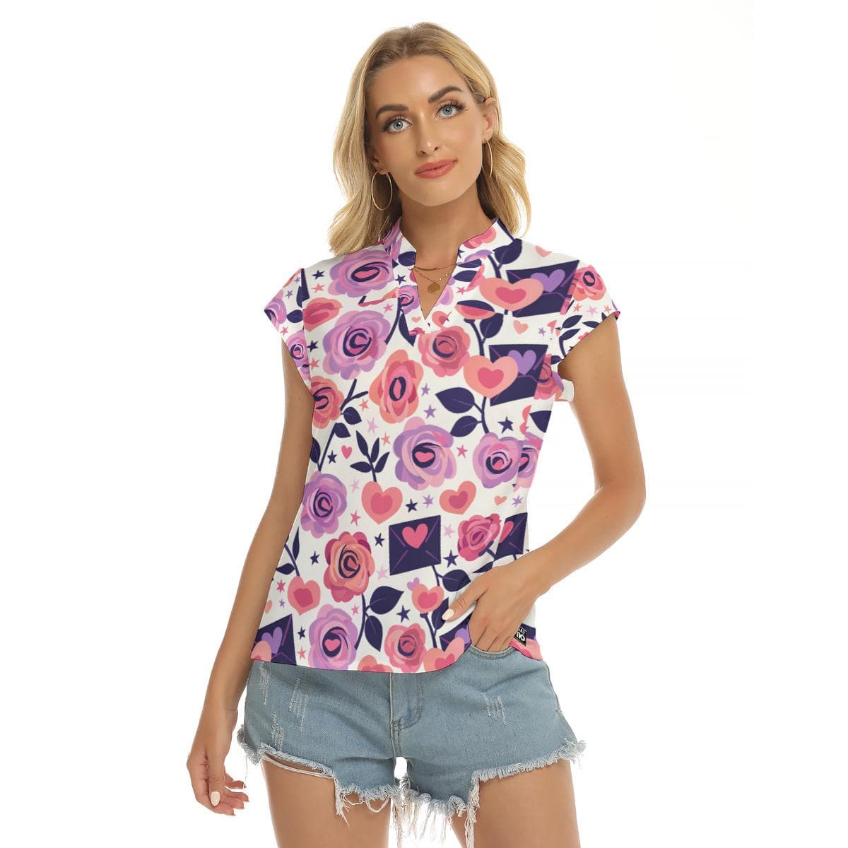 Romantic Floral Stacked V-Neck Top | Pink Rose & Heart Print Blouse | Everyday Charming Women's Tee