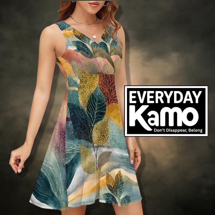 Everyday Kamo Abstract V-Neck Dress, Modern Summer Outfit. 180g Milk Silk Fabric