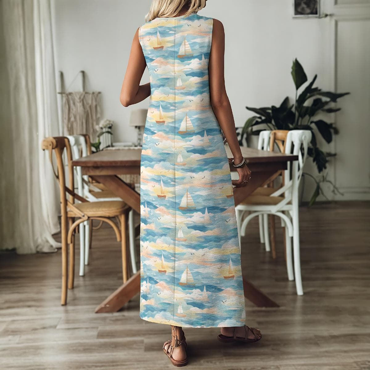 Summer Sailboat Maxi Dress, Women's V-Neck A-Line Vacation Dress, Nautical Print Sleeveless Sundress
