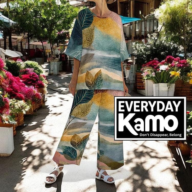 Slub Linen Two Piece Set | Abstract Print Loungewear