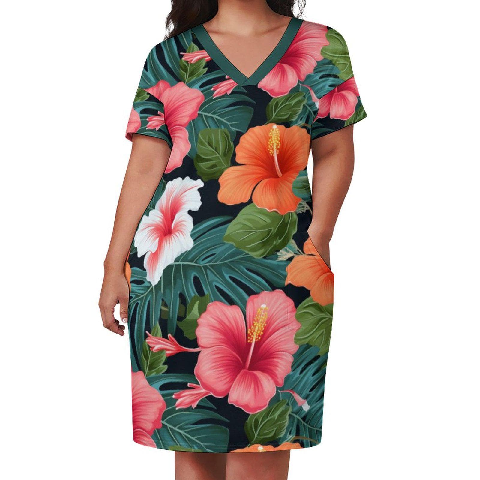 Vibrant Tropical Hibiscus Pocket Dress | Women's Floral Print V-Neck Summer Shift Mini