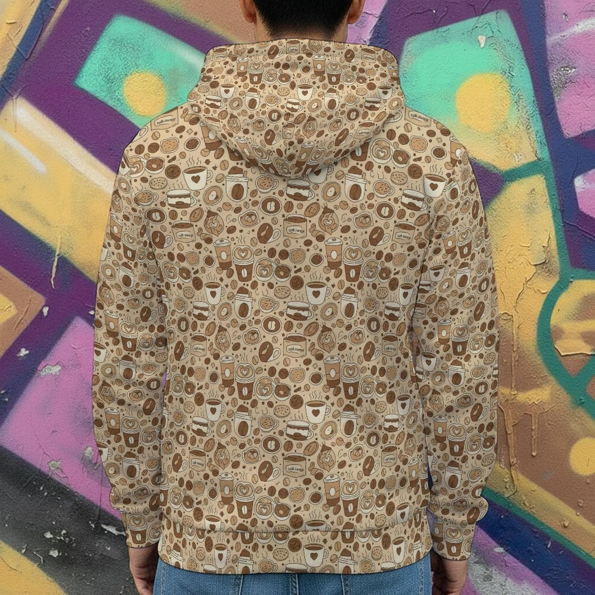 Cozy Coffee & Donut Full Zip Hoodie | Fur Lined Anti-Pill Fleece Jacket | Unique Food Pattern Hooded Sweatshirt