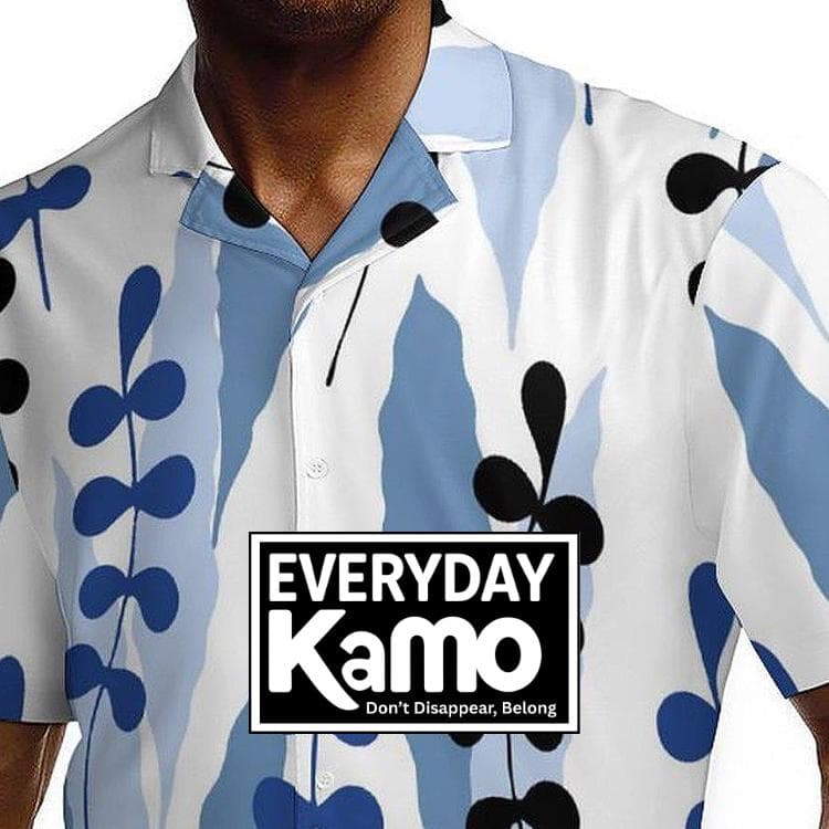 Men's Abstract Leaf Print Cuban Collar Shirt | Premium Cotton Short Sleeve Button Up | Blue & Black Summer Style