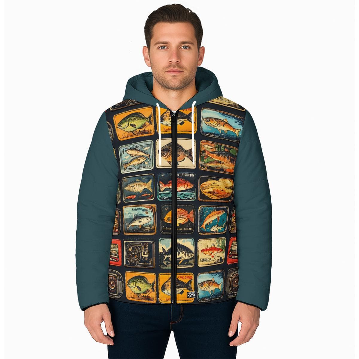 Vintage Fish Art Puffer Jacket | Hooded Fishing Enthusiast Outerwear | Unique Angler Gift