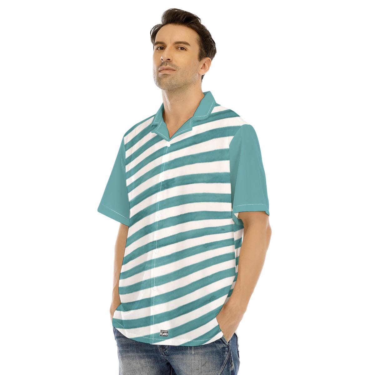 Men's Aqua Stripe Hawaiian Shirt | Teal & White Diagonal Summer Button Up | Beach Vacation Camp Collar Shirt