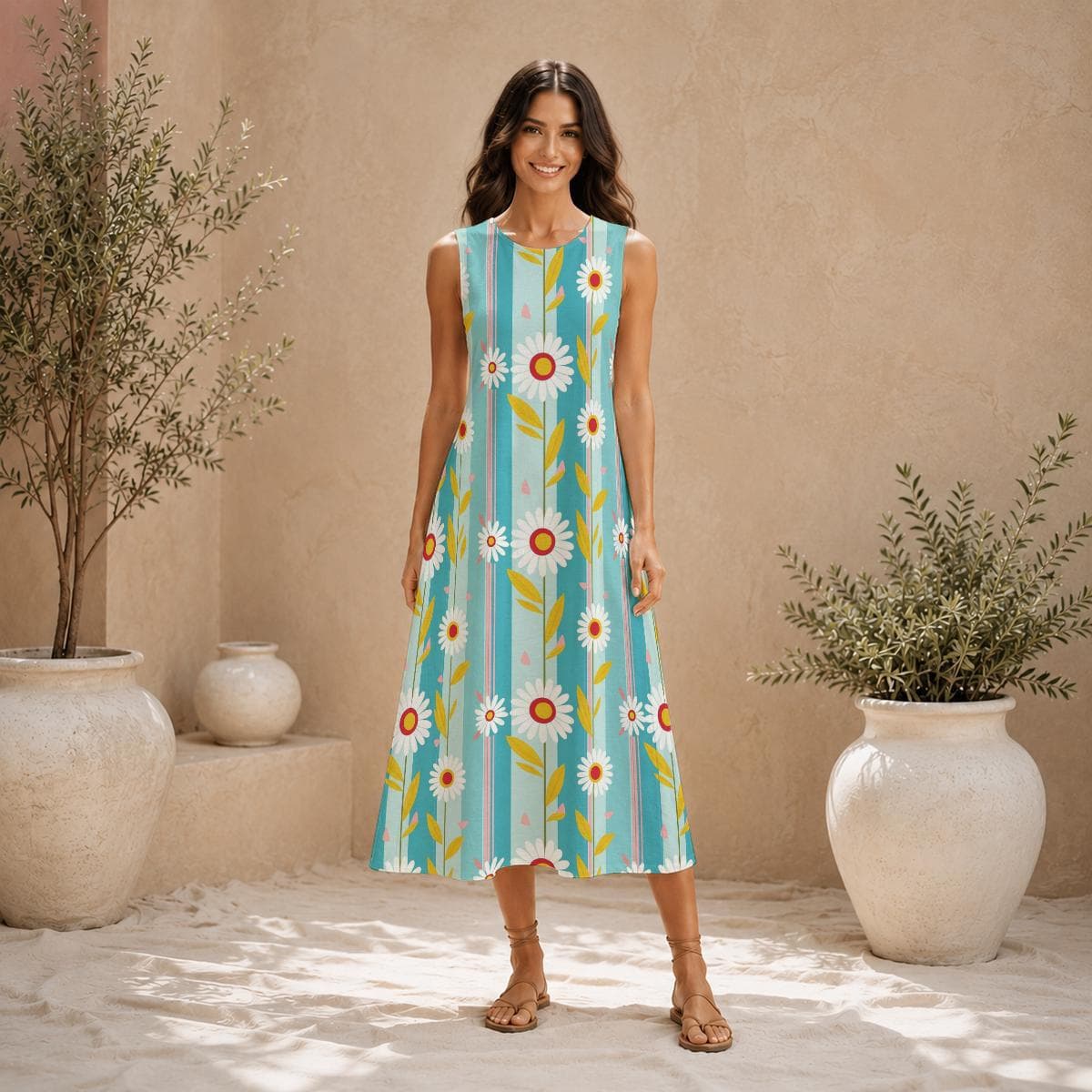 Daisy Stripe Sleeveless Midi Dress, Women's Cotton Slub A-Line Summer Dress, Floral Beach Vacation Outfit, Lightweight Flowy Casual