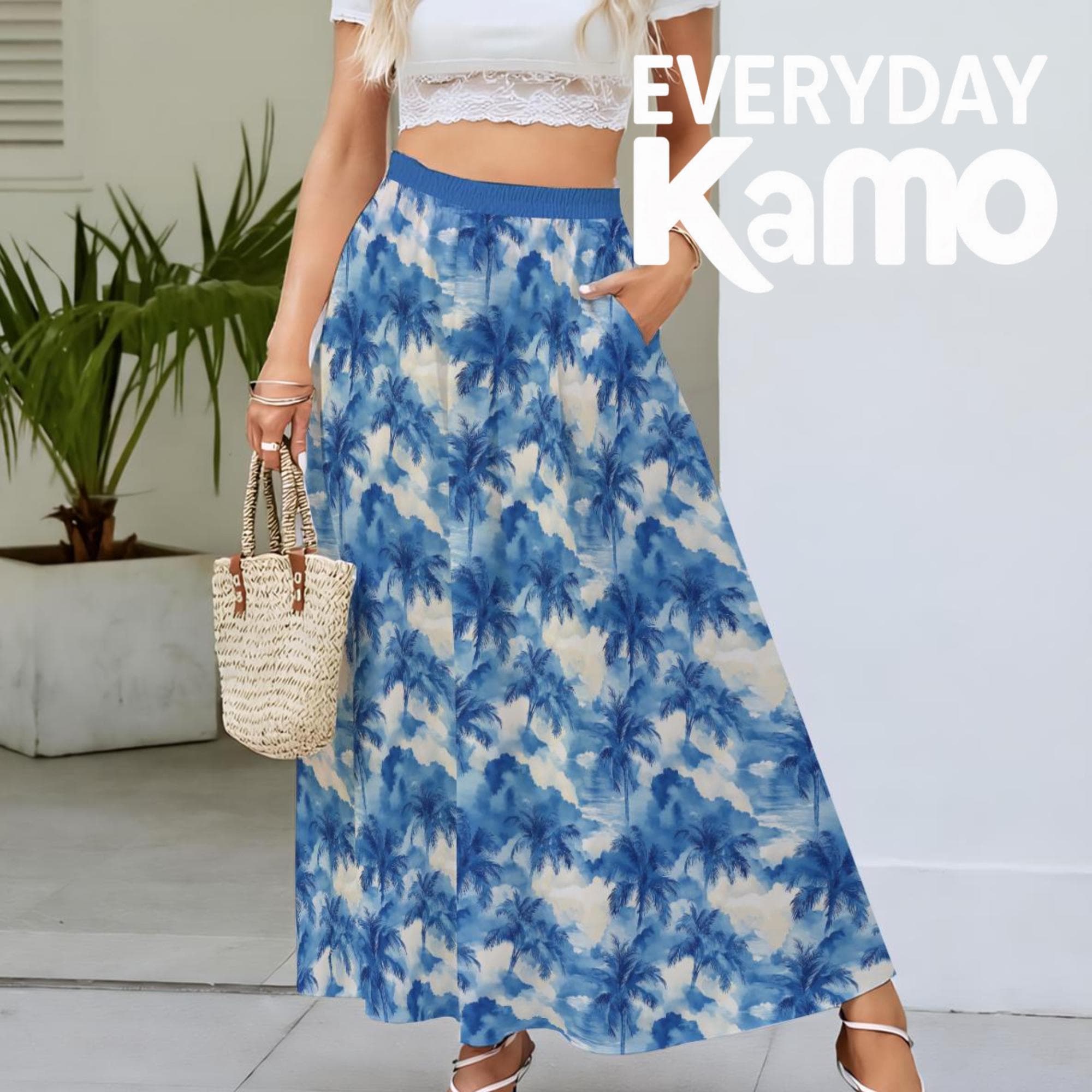 Blue Palm Tree Maxi Skirt | Elastic Waist Flowy Beach Skirt Pockets