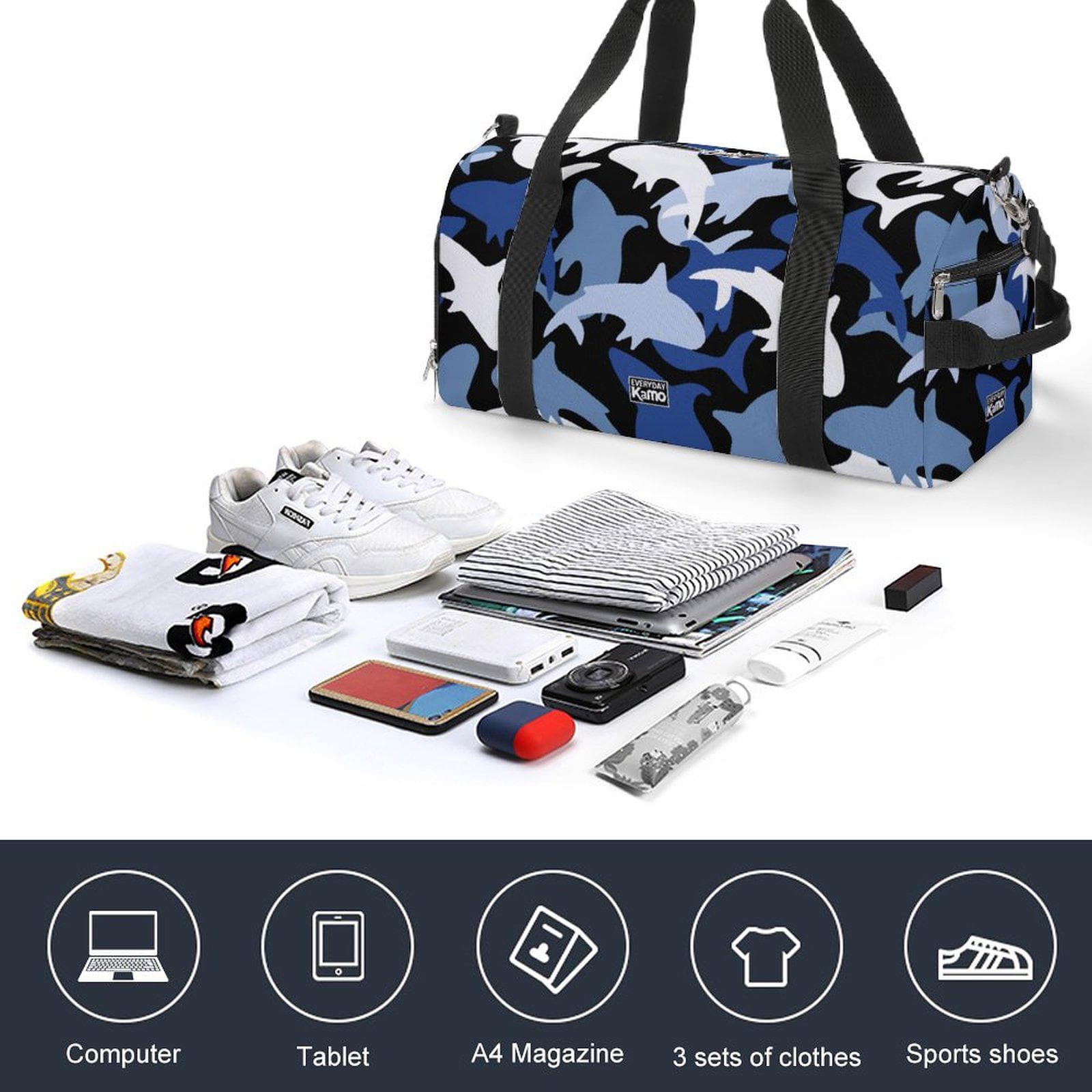 Everyday Kamo Shark Camo Duffle Bag | Waterproof Gym Travel Sports Weekend Bag | Blue Ocean Print