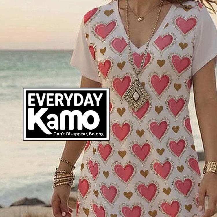 Heart Print Maxi Dress - Pink Gold Hearts V-Neck Jersey Beach Dress