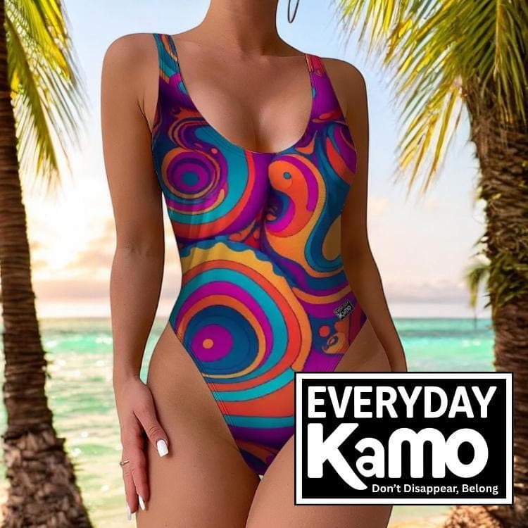 Everyday Kamo Psychedelic One-Piece Swimsuit | Vibrant Teal Orange Purple Swirl Bathing Suit