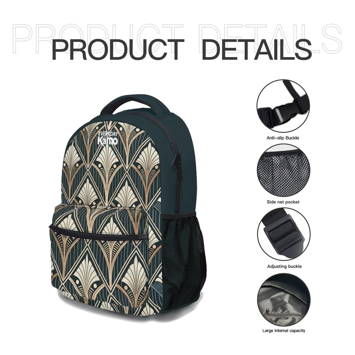 Everyday Kamo Art Deco Fan Pattern All-Over Print Backpack | Stylish & Durable School Bag