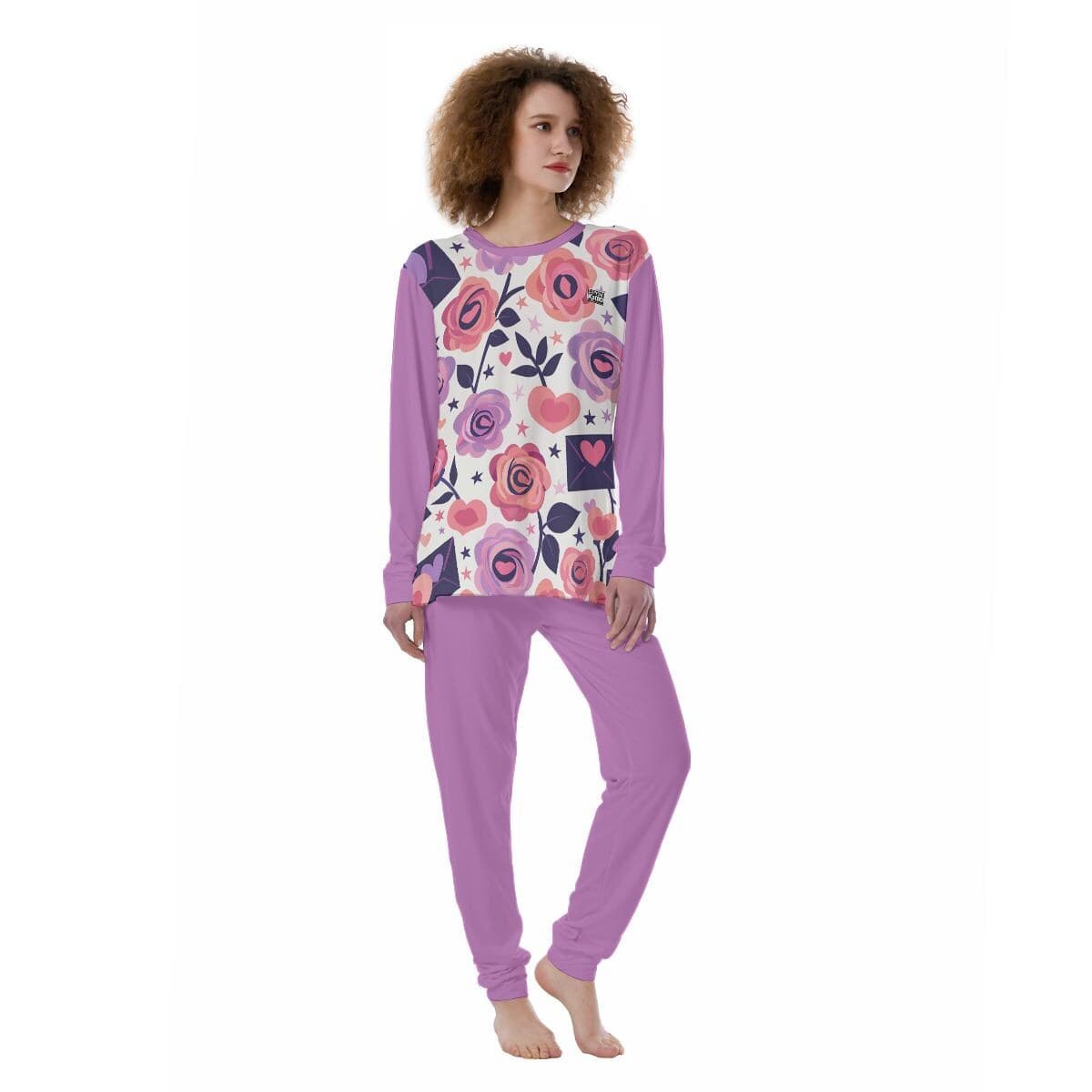 Cozy Floral Heart Pajama Set for Women | Soft Purple Rose Loungewear | Skin-Friendly Two-Piece Sleepwear