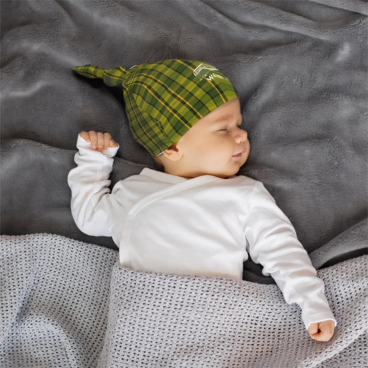 Adjustable Green Plaid Baby Beanie | Soft Newborn Knot Hat | Warm Infant Cap | Baby Shower Gift 0-6 Months